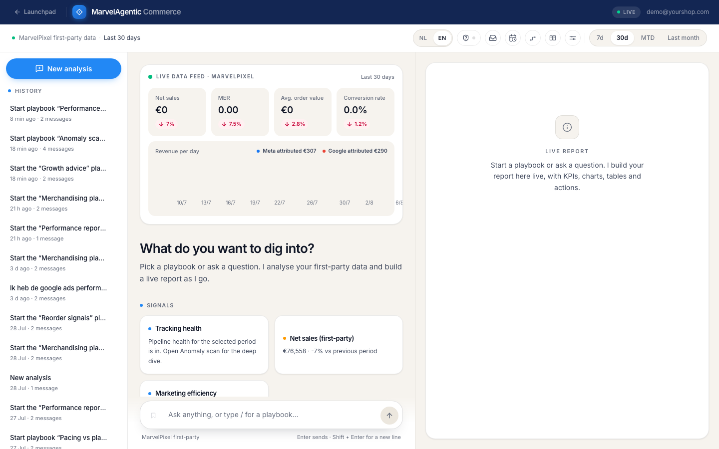 MarvelAgentic Commerce home met playbooks, signalen en live data feed